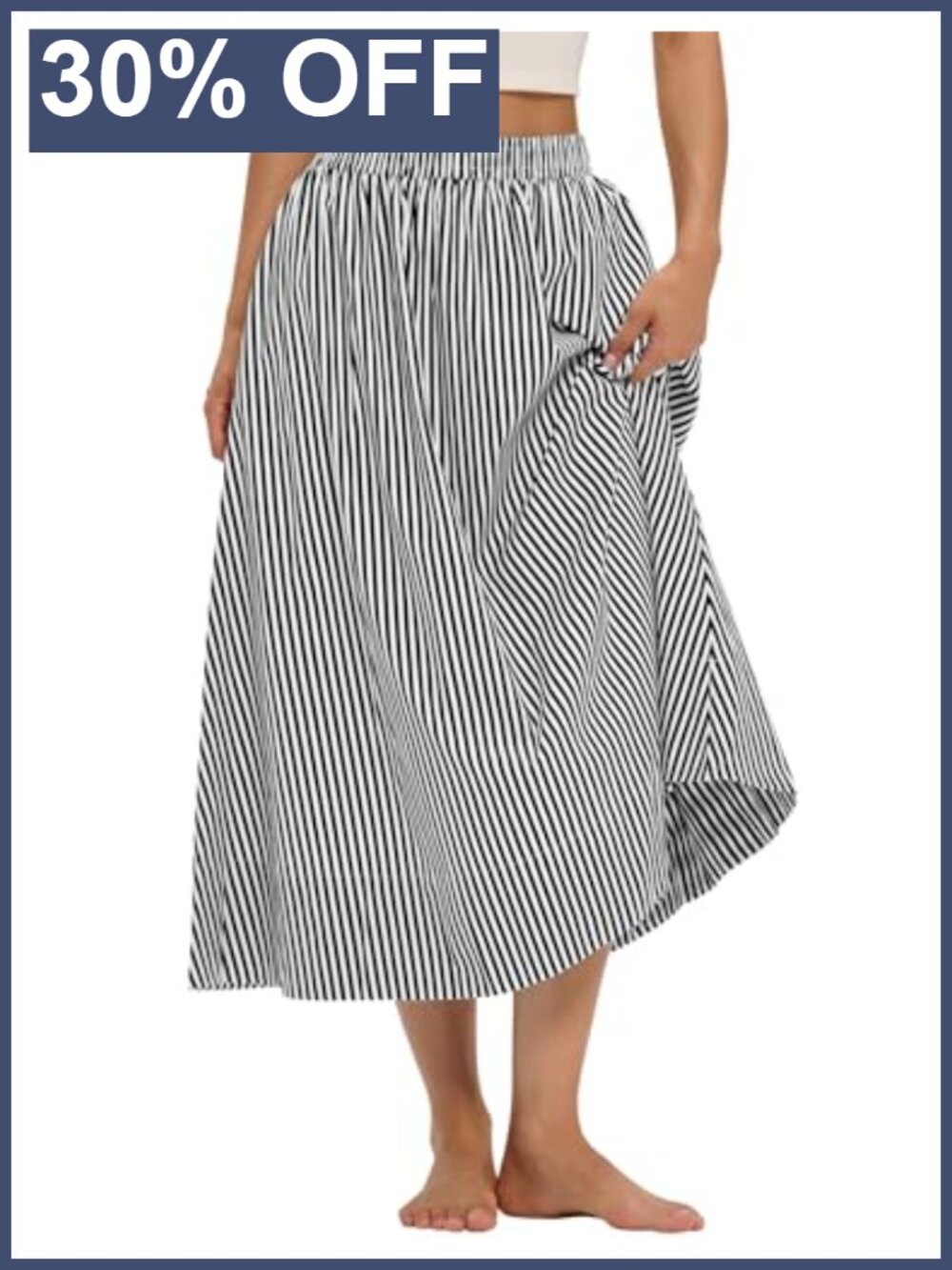 Cotton Midi Skirt A-Line Flowy Elastic Waist with Pockets